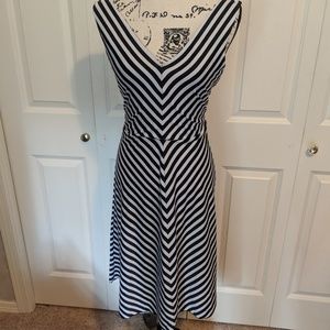 Stretchy Black & White Striped Deep V-Neck Dress